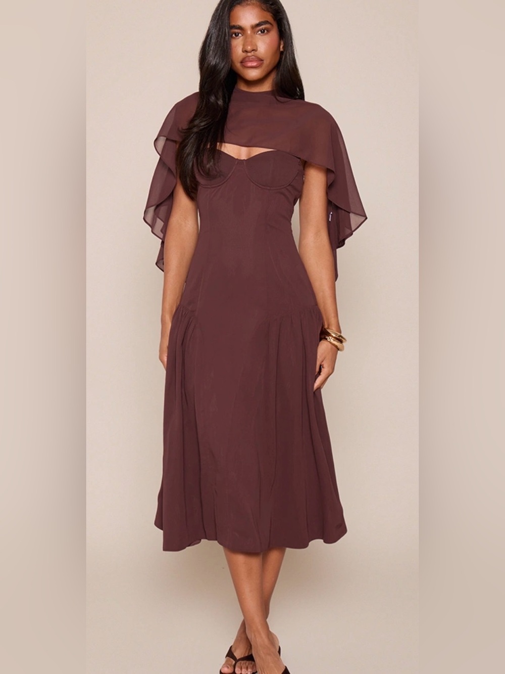 CHOCOLATE CHIFFON CAPE MIDI DRESS Pretty Little Thing